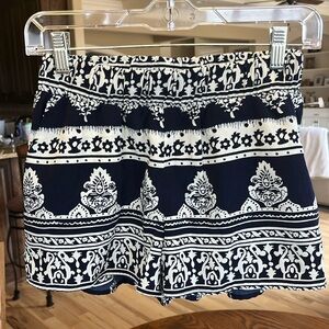 Navy White Print Silky Shorts Elastic Waist
